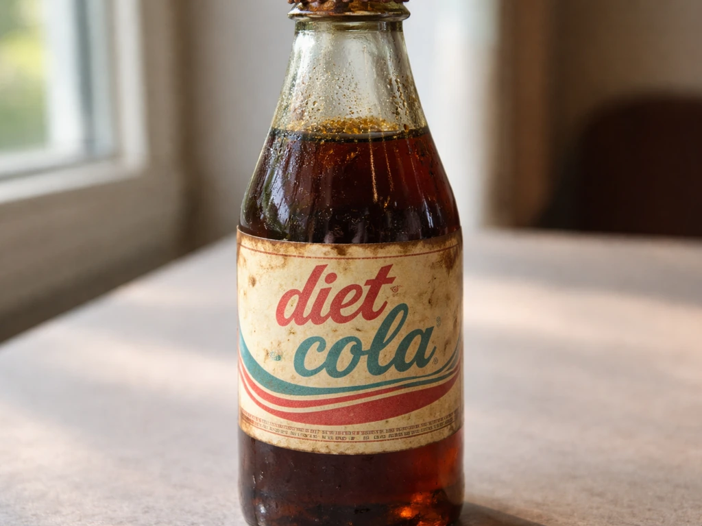 Close-up of a vintage soda bottle with a faded label showing diet cola details and aging marks.