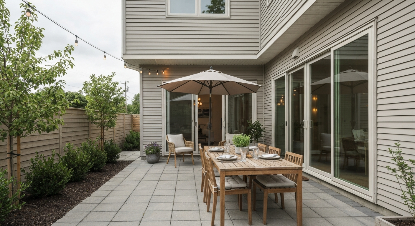 Ground-level patio adjoining a house with a dining table set for an outdoor meal under a market umbrella and string lights.