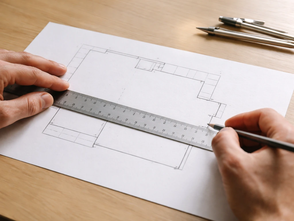 Hands measuring a patio plan drawing on a desk with ruler and scale tools