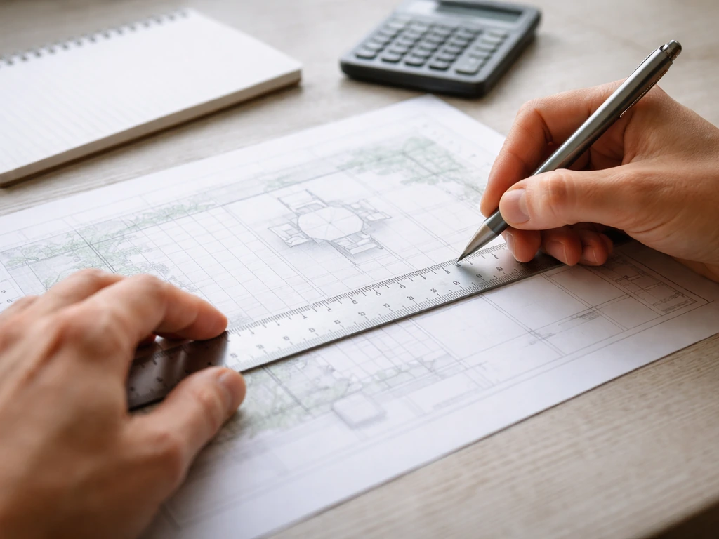 Hands measuring a printed patio drawing with a metal ruler and calculator-like space