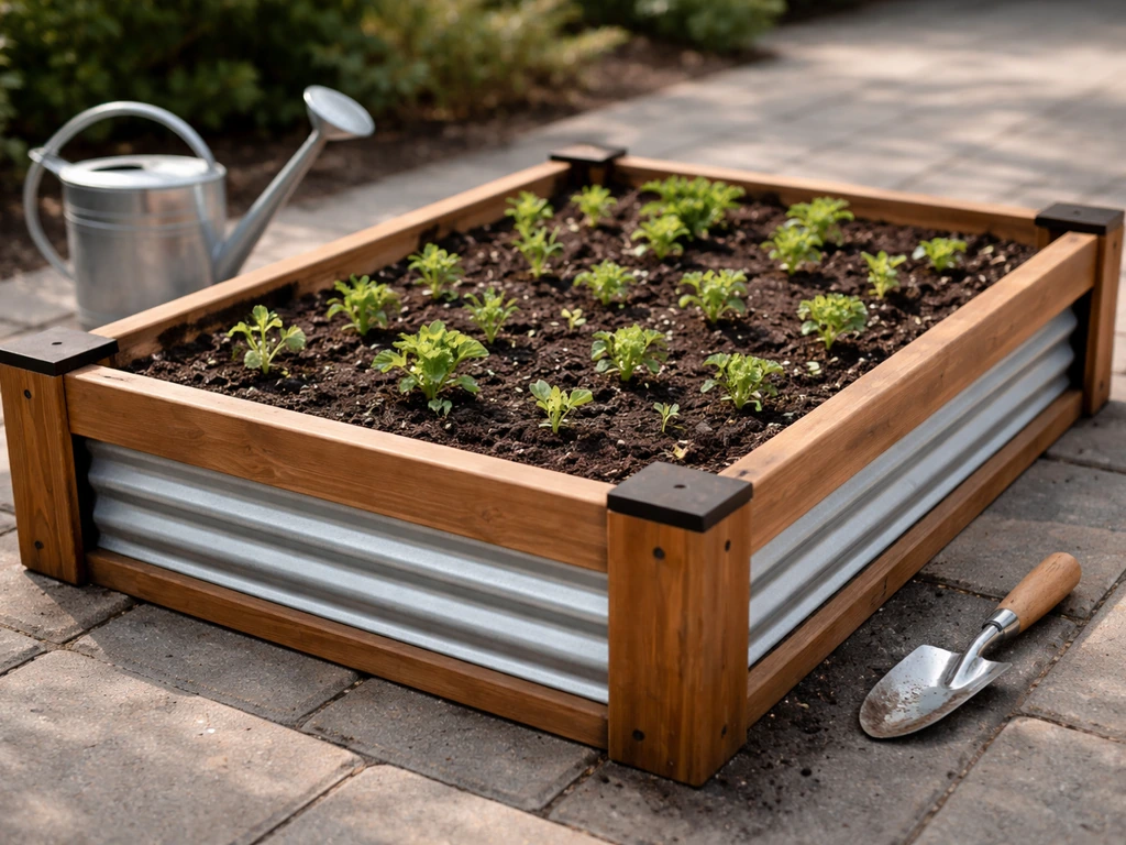 Close-up of a raised planter bed on patio paving with potting mix and small herb seedlings