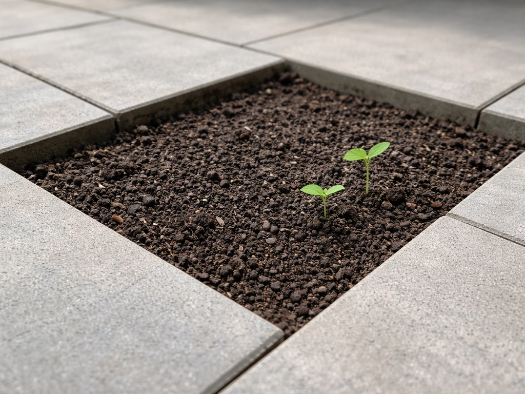 Removed patio paving reveals a recessed soil bed with a clean edge transition and small seedlings.