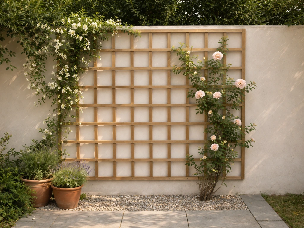 Wooden trellis on a garden fence with jasmine and climbing roses growing upward.