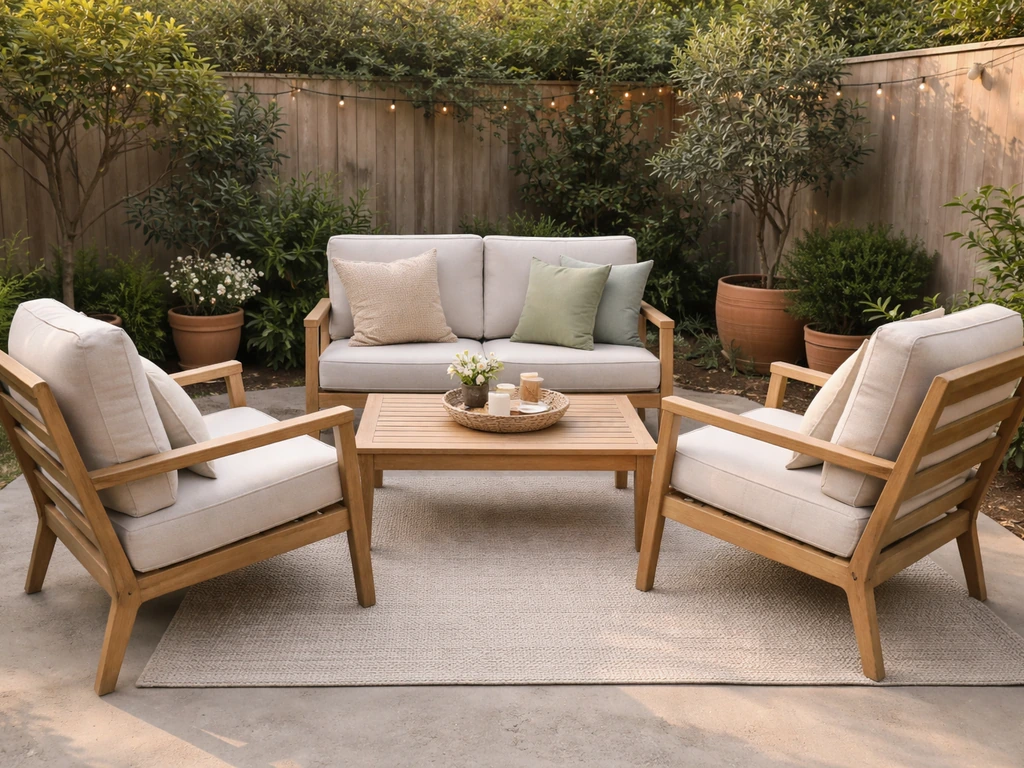 Outdoor patio conversation set with loveseat, two armchairs, and coffee table arranged for face-to-face chatting.
