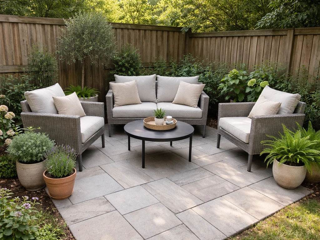 Small patio with an L-shaped loveseat and two armchairs around a small round coffee table.