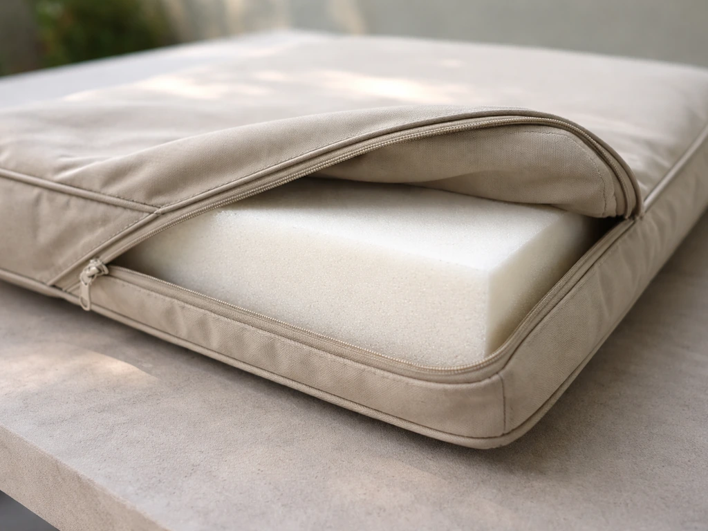 Close-up of an outdoor cushion cover and water-resistant foam for frame and fabric material quality.
