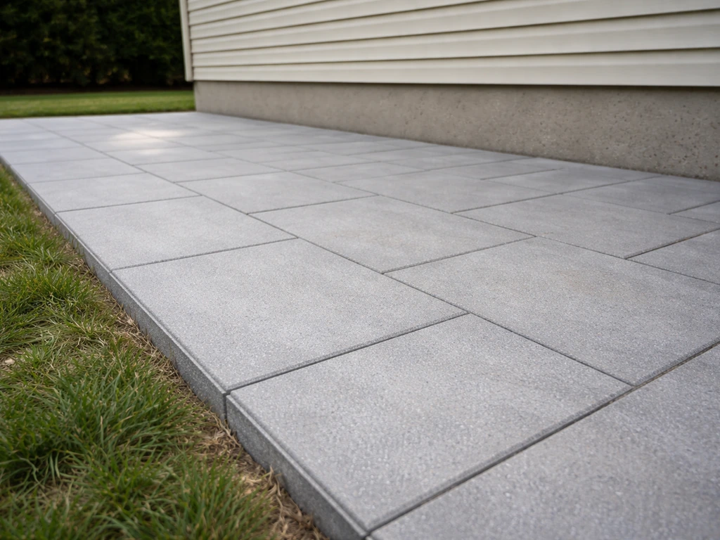 Ground-level paved patio beside a house with natural light and minimal surrounding yard.
