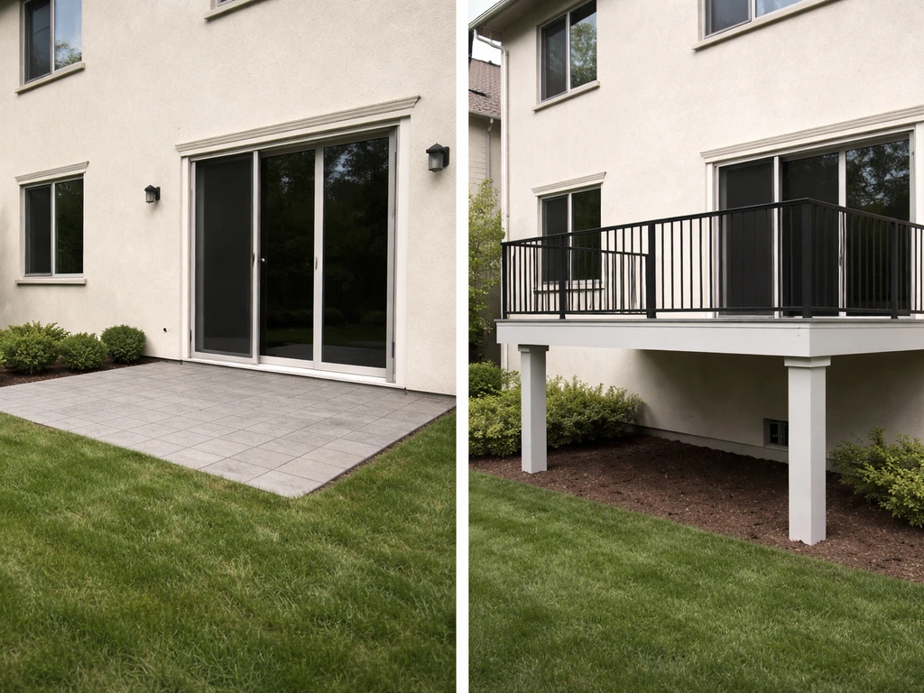 Split view showing a ground-level patio next to an elevated balcony on a home.