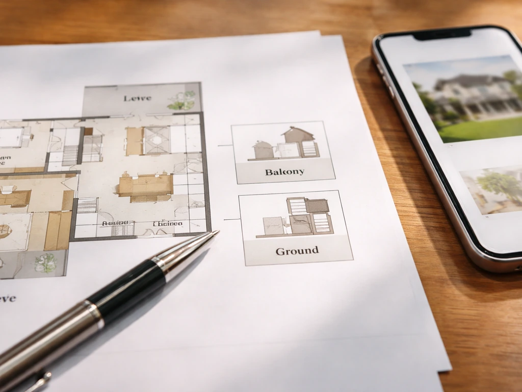 Close-up of a floor plan and pen on a table, showing ground vs upper level to identify patio or balcony.