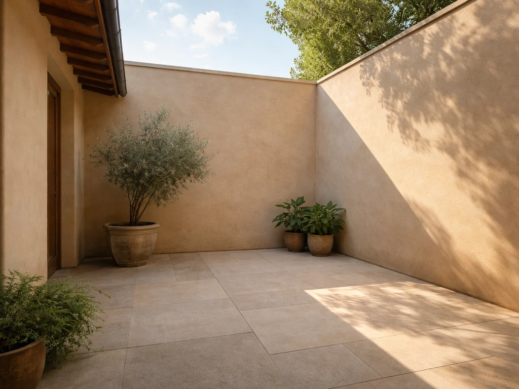 Enclosed ground-level courtyard with stucco walls, potted plants, and visible open sky above.