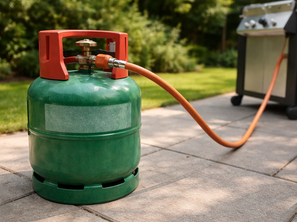 Close-up of a UK patio gas cylinder with hose connected to an outdoor heater/BBQ on a patio.