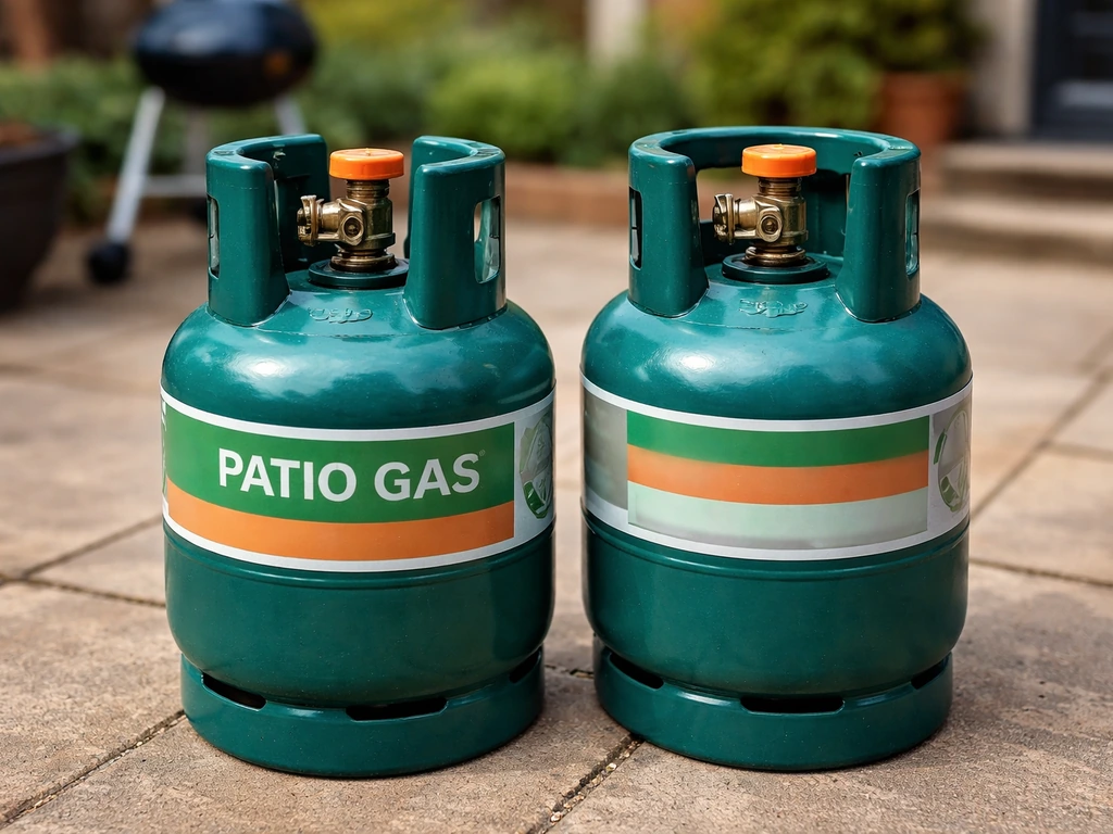 Two LPG cylinders outdoors, one clearly showing “patio gas” wording on the label.