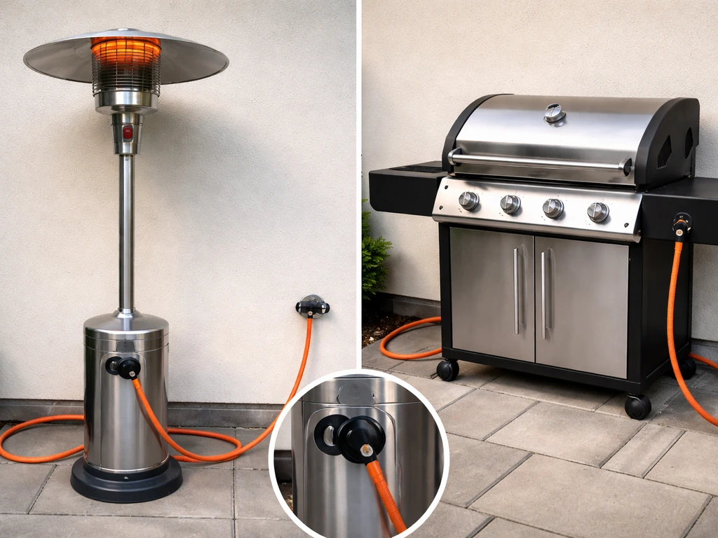 Outdoor patio heater and gas BBQ on a patio, both connected to propane gas hoses.