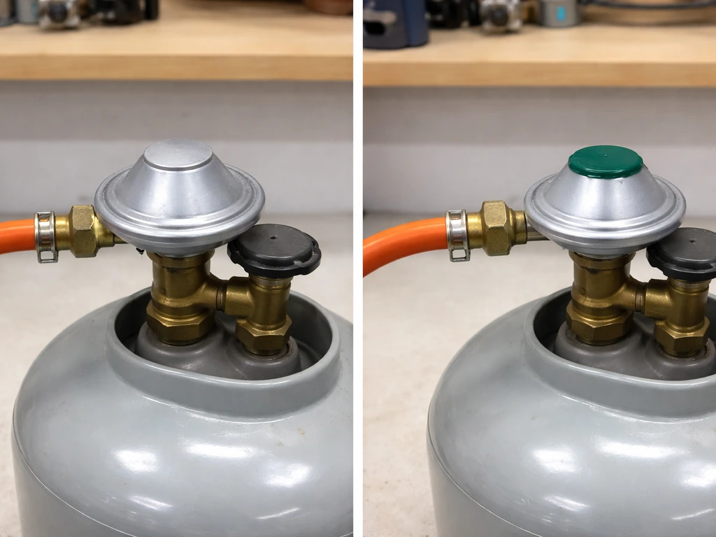 Side-by-side photo showing a mismatched regulator setup on the left and a correct 37 mbar propane setup on the right.