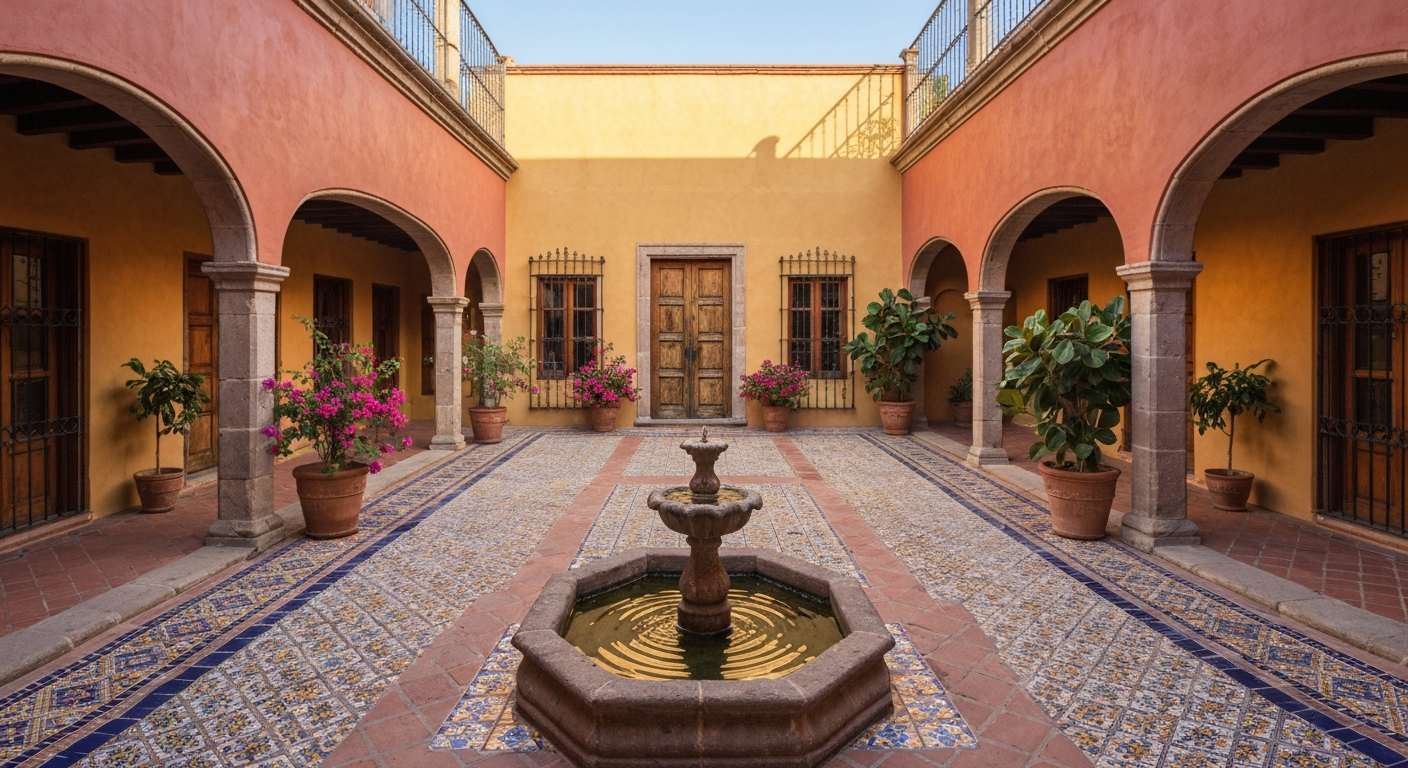 Sunlit Mexican patio central: tiled courtyard with central fountain, potted plants, arched galleries and painted stucco walls.