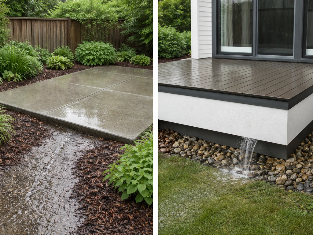 Split-view photo showing a ground-level patio on soil vs an elevated balcony with sealed exterior base