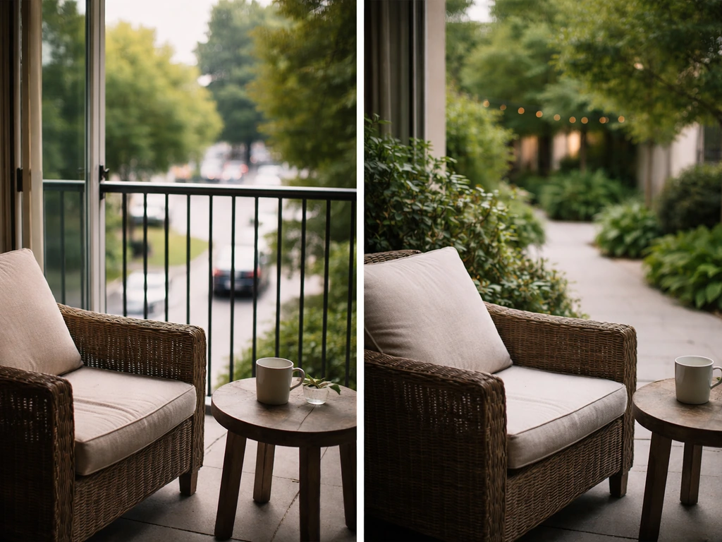 Elevated balcony with street/parking view contrasted against a calmer courtyard patio edge