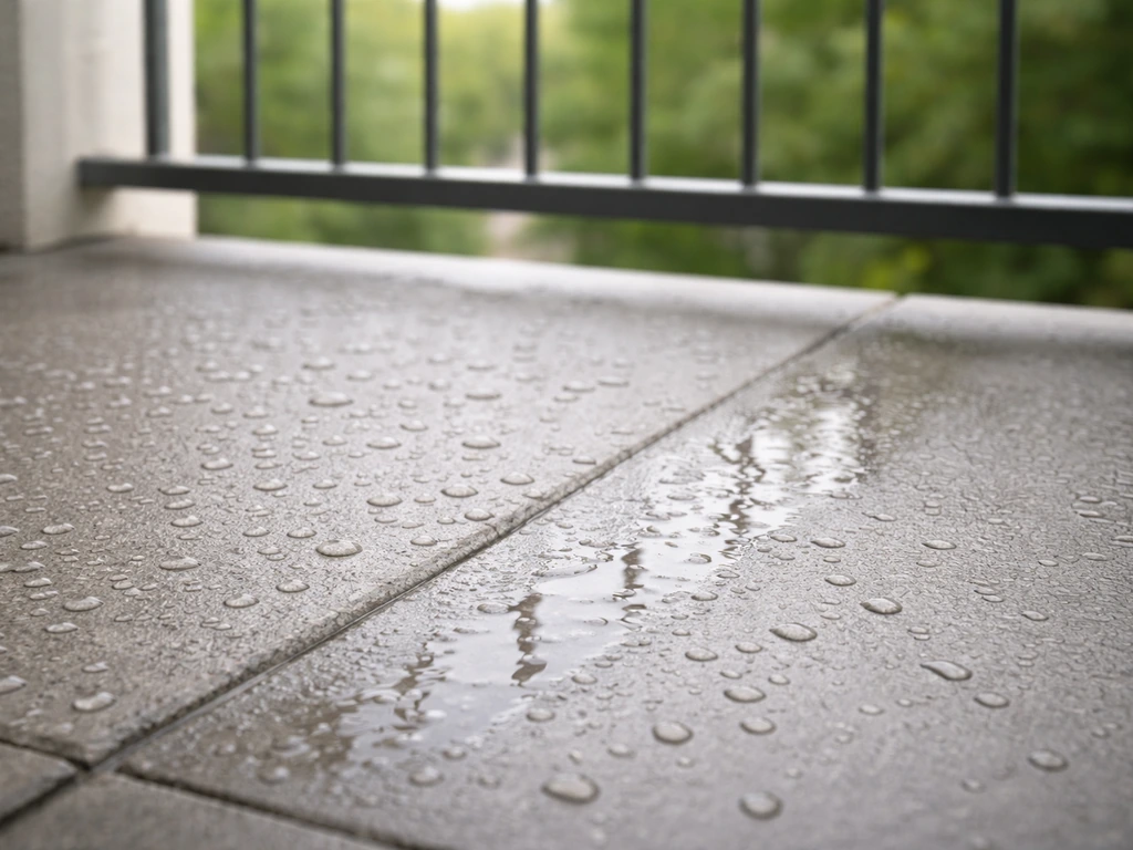 Wet rain-beaded balcony pavers with runoff lines toward the railing edge, showing weather exposure and maintenance needs