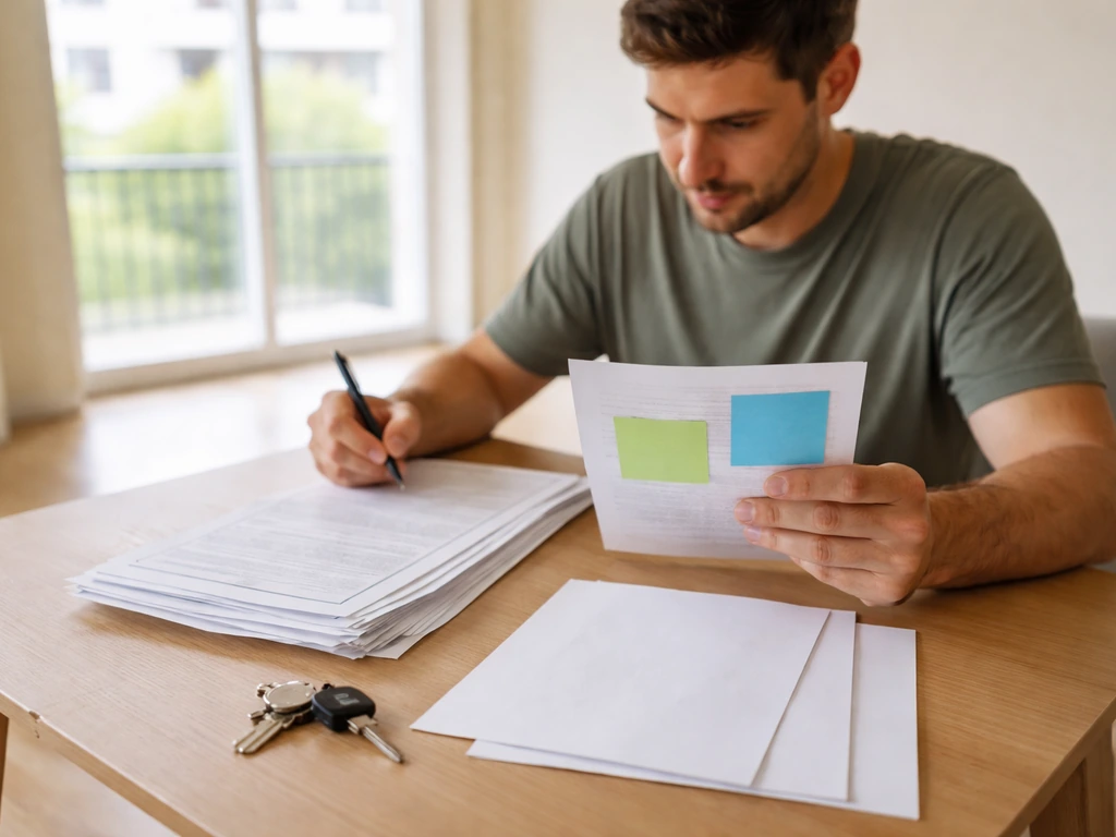Tenant reviewing lease checklist on a kitchen table in an empty apartment, keys and blank papers nearby.