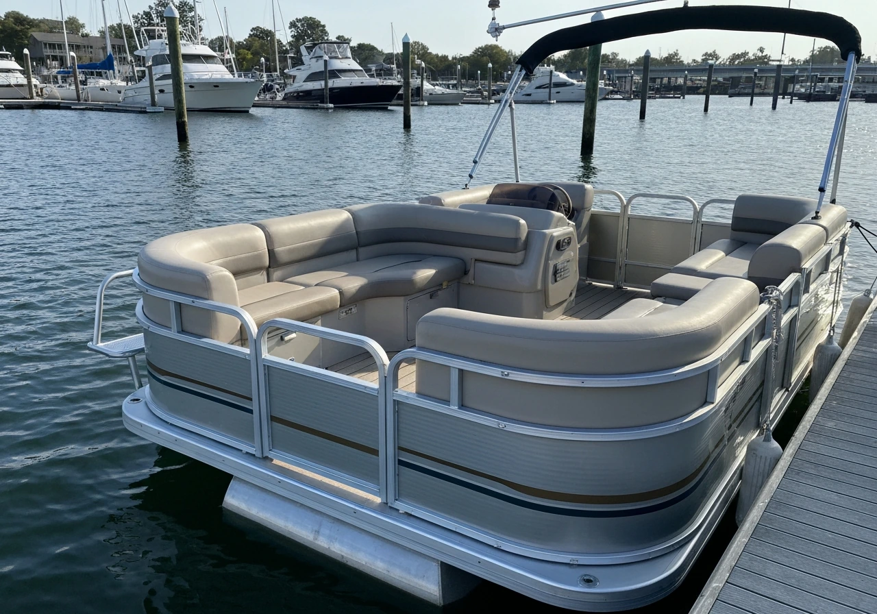 Pontoon patio boat with an open flat deck floating at a marina in natural light.