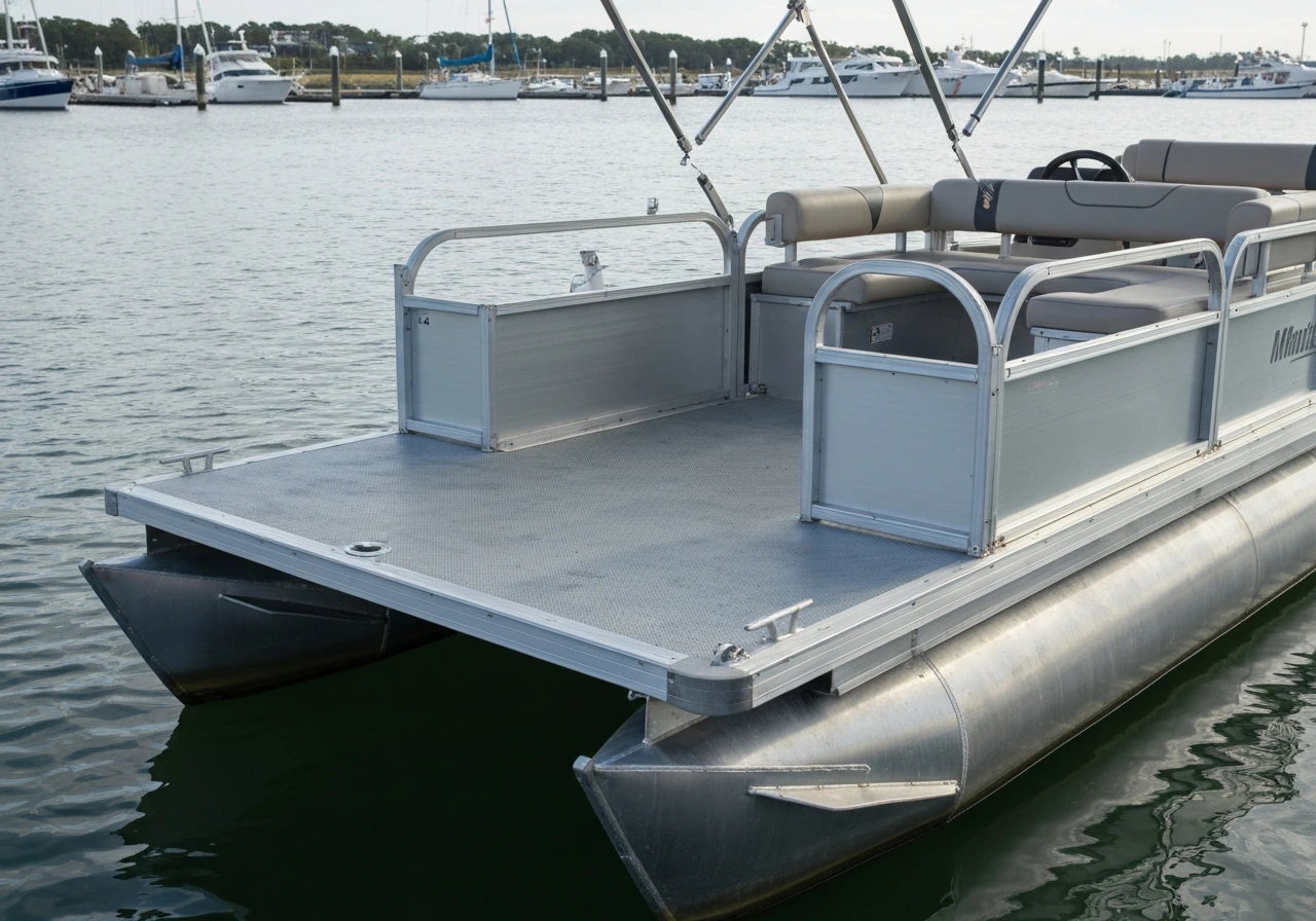 A patio boat with two metal pontoons and a flat open seating deck on calm water