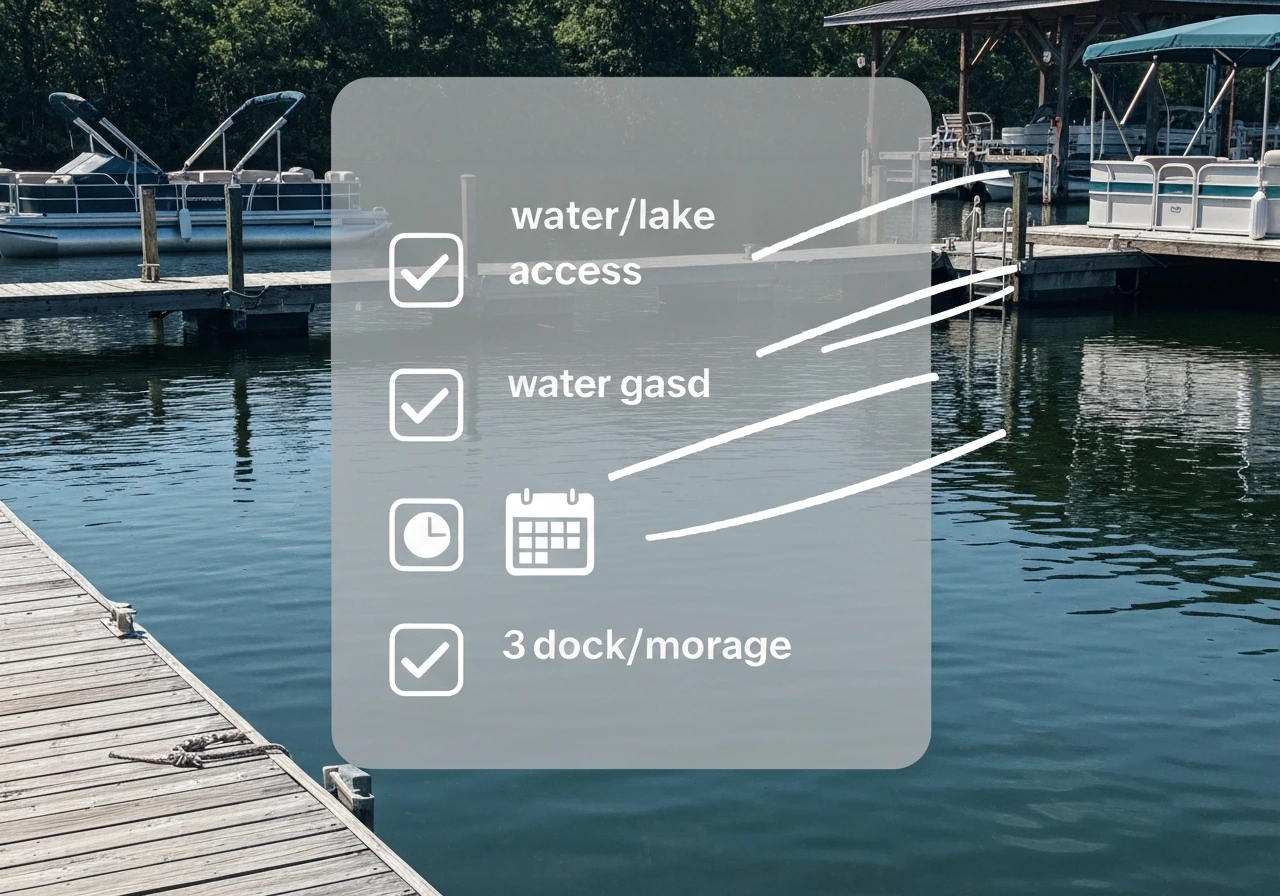 Marina dock scene with subtle checklist-like highlight over listing-style photo context clues.