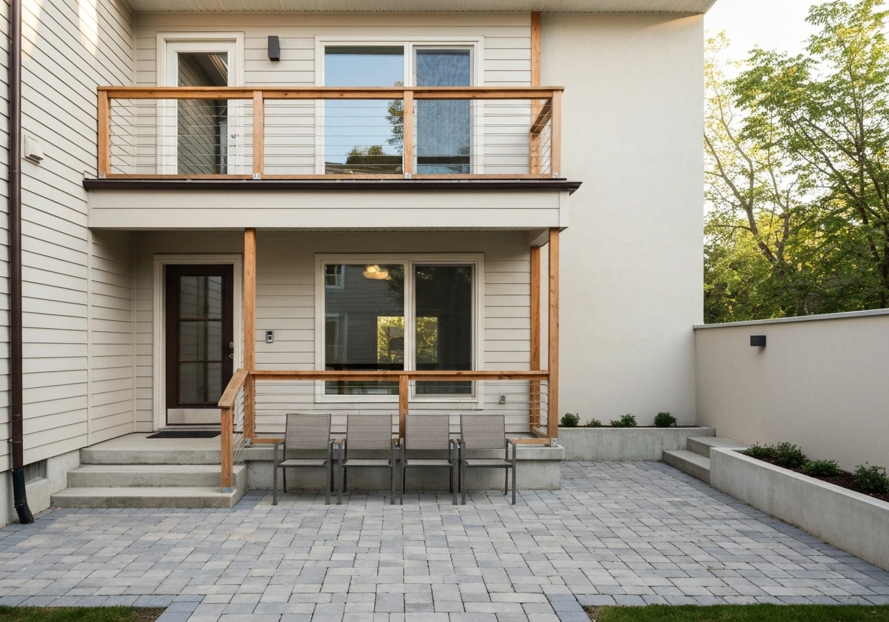 Minimal outdoor home area showing patio, porch, balcony, and courtyard-like spaces side by side