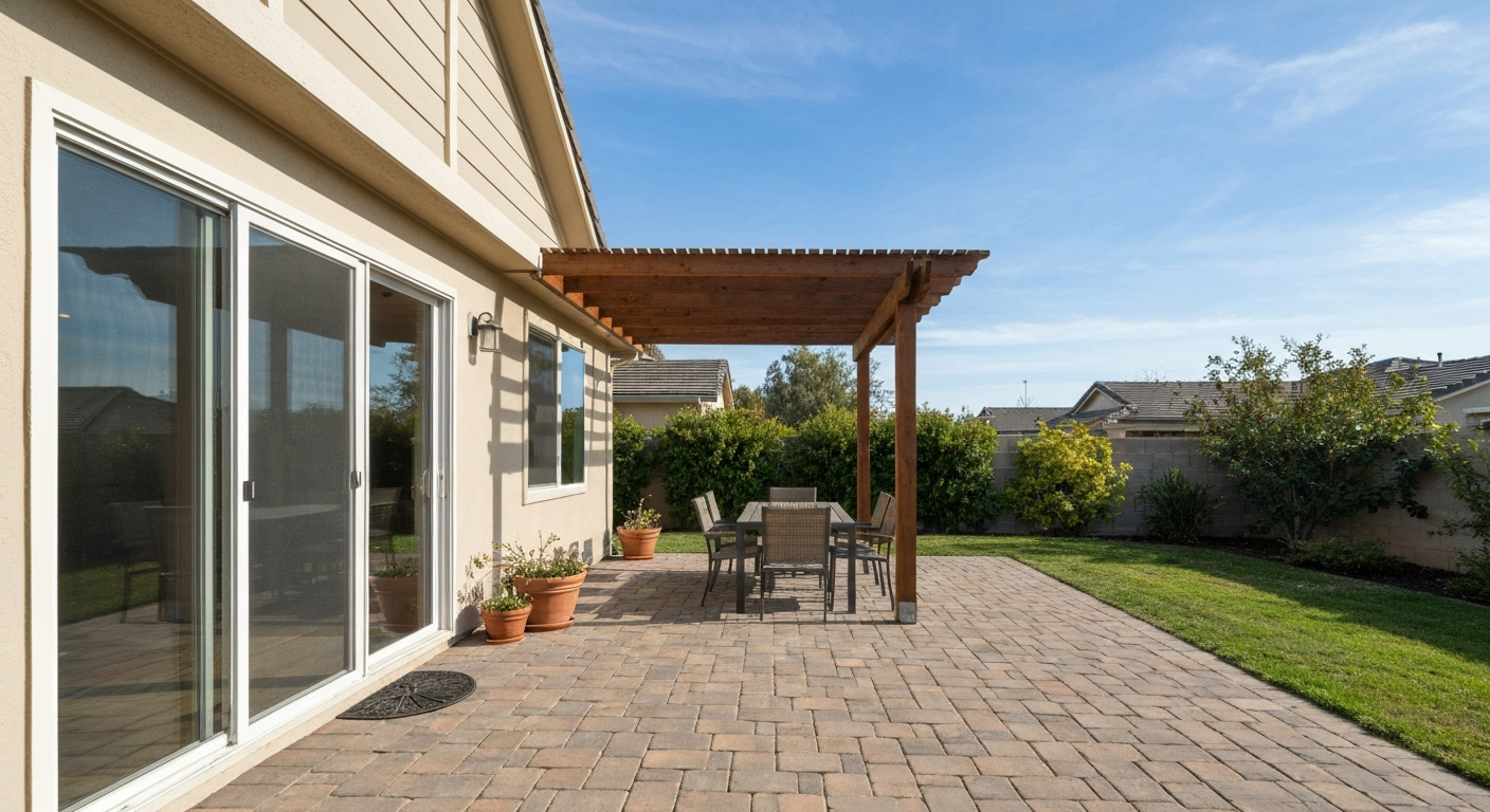 Ground-level paved patio adjacent to a house with a pergola and sliding glass doors, open to the sky, illustrating a typical patio.
