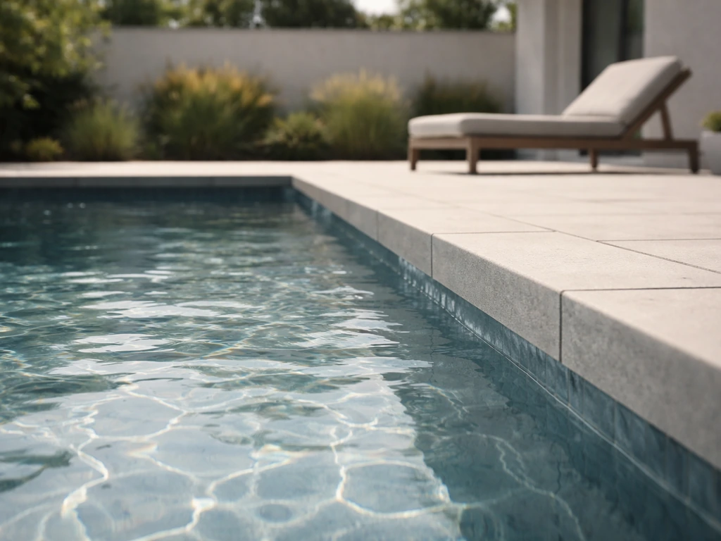 Paved backyard patio with an integrated patio pool, visible waterline, coping, and deck connection.