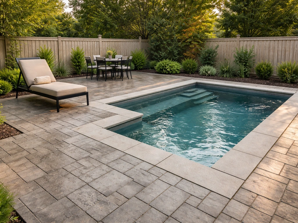 Minimal backyard patio with a small integrated plunge pool beside an outdoor dining area.