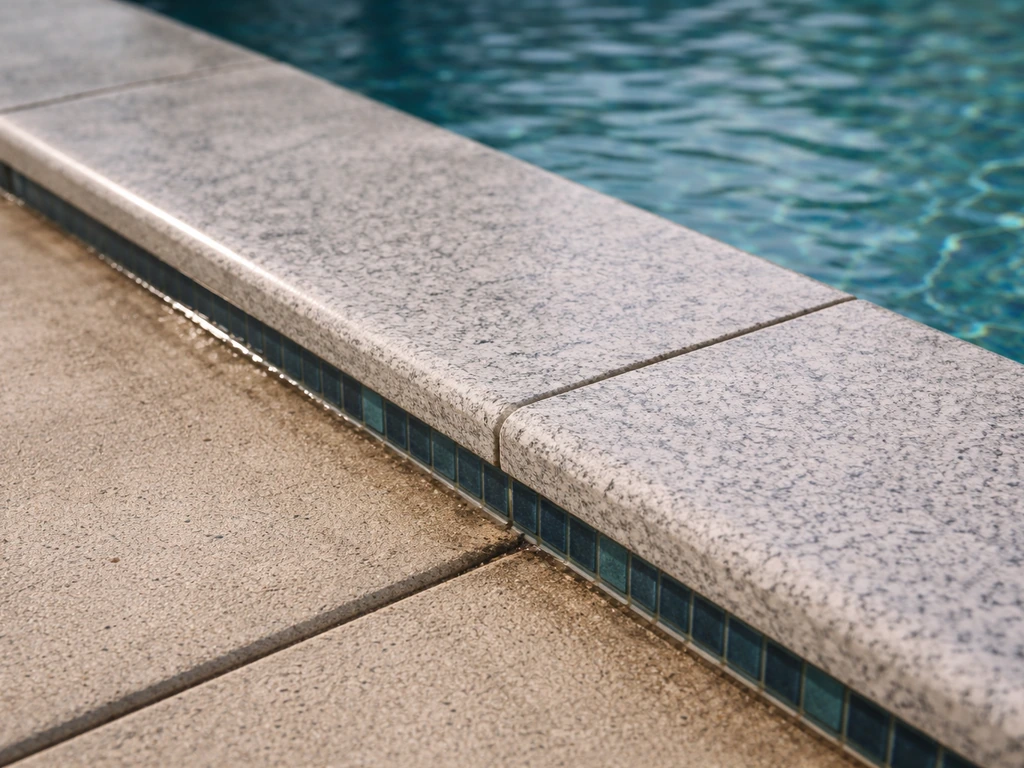 Close-up of an in-ground patio pool coping edge with deck-to-pool transition in bright natural light.