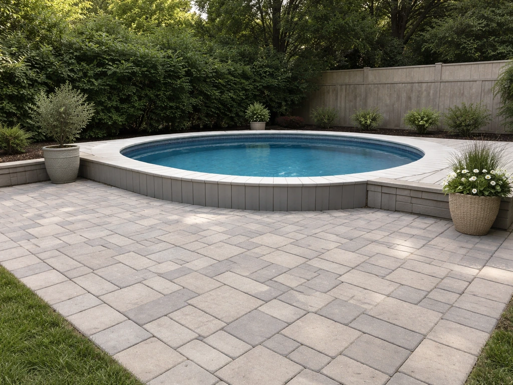 Above-ground patio pool with built-in look, surrounded by clean paver decking and warm outdoor lighting.