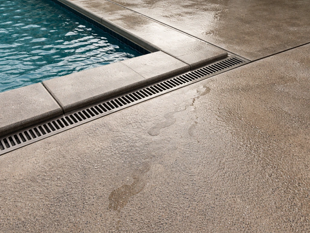 Patio pool edge with textured concrete slope and drain grate guiding water runoff, no standing water.