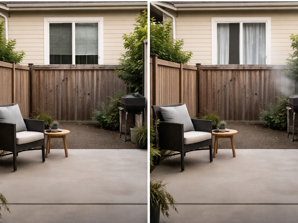Uncovered ground-level patio with open sightlines, subtle sound and odor cues using realistic photography