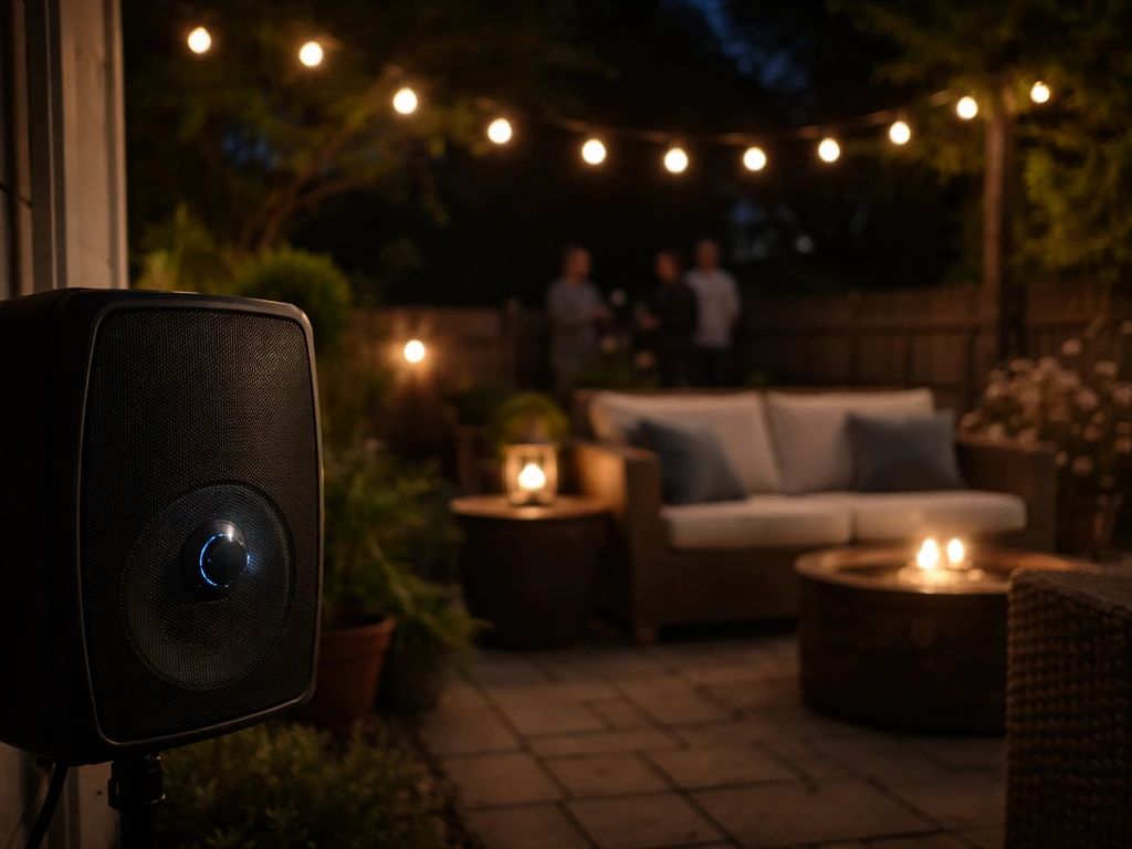 Night patio with a lit speaker and distant blurred neighbors talking, showing how sound carries across yards.
