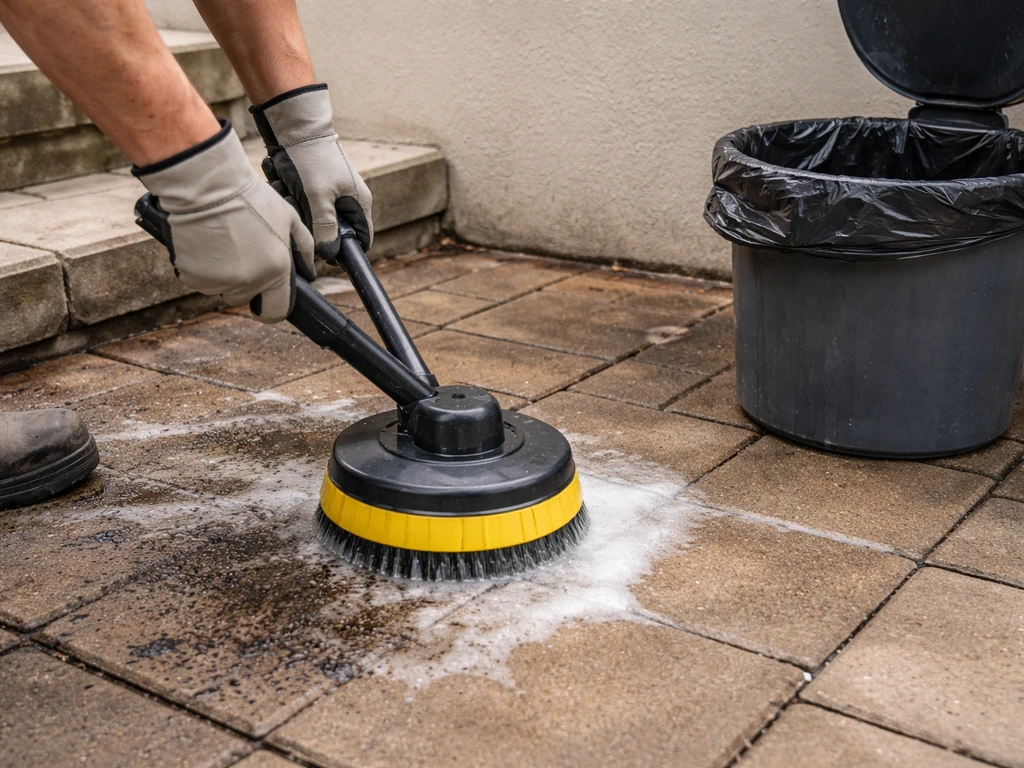 Anonymous gloved hands pressure-washing a patio to remove grease stains, trash bag nearby.
