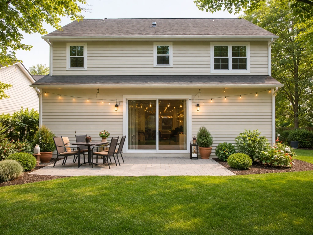 Backyard patio clearly visible next to a house, with outdoor dining space and sliding door nearby.