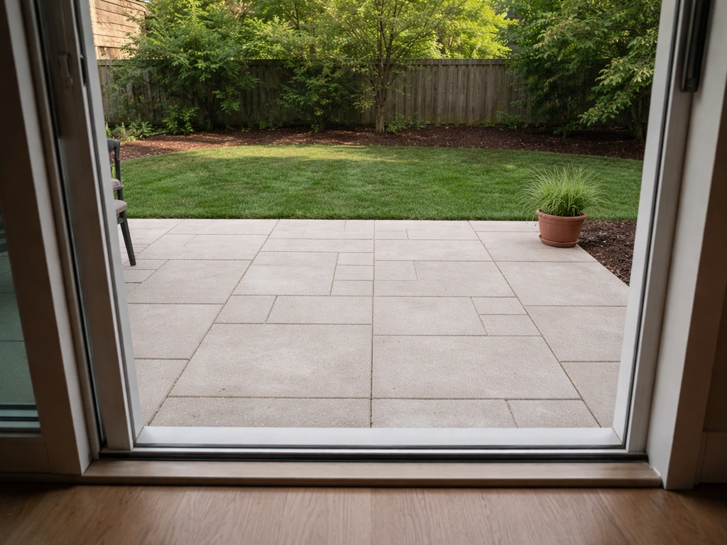Ground-level paved patio directly outside a house doorway, showing it adjoins the home.