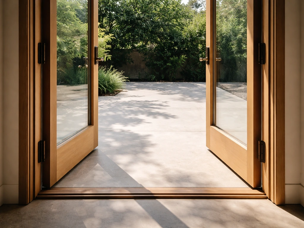 Open interior door leading straight to a sunlit patio with continuous stone pavers.