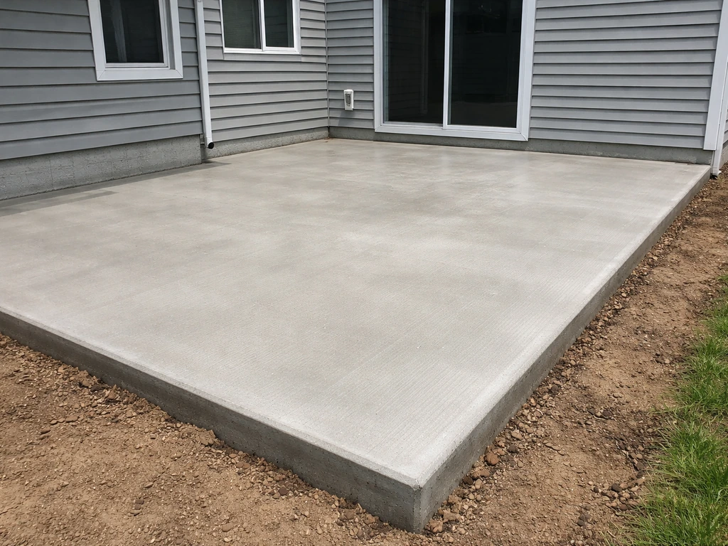 Smooth poured concrete slab patio at ground level beside a house exterior