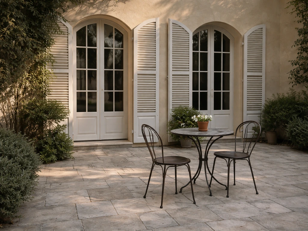 Quiet French-style stone patio with shuttered doors and a small bistro table.