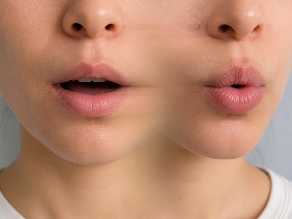 Close-up of an open mouth shaping a “pah” sound, transitioning to a “tyo/syo” mouth position