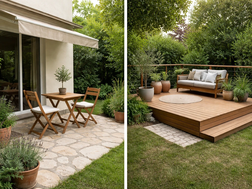 Two adjacent outdoor spaces: a small patio on the left and a terrace/deck on the right, no people.