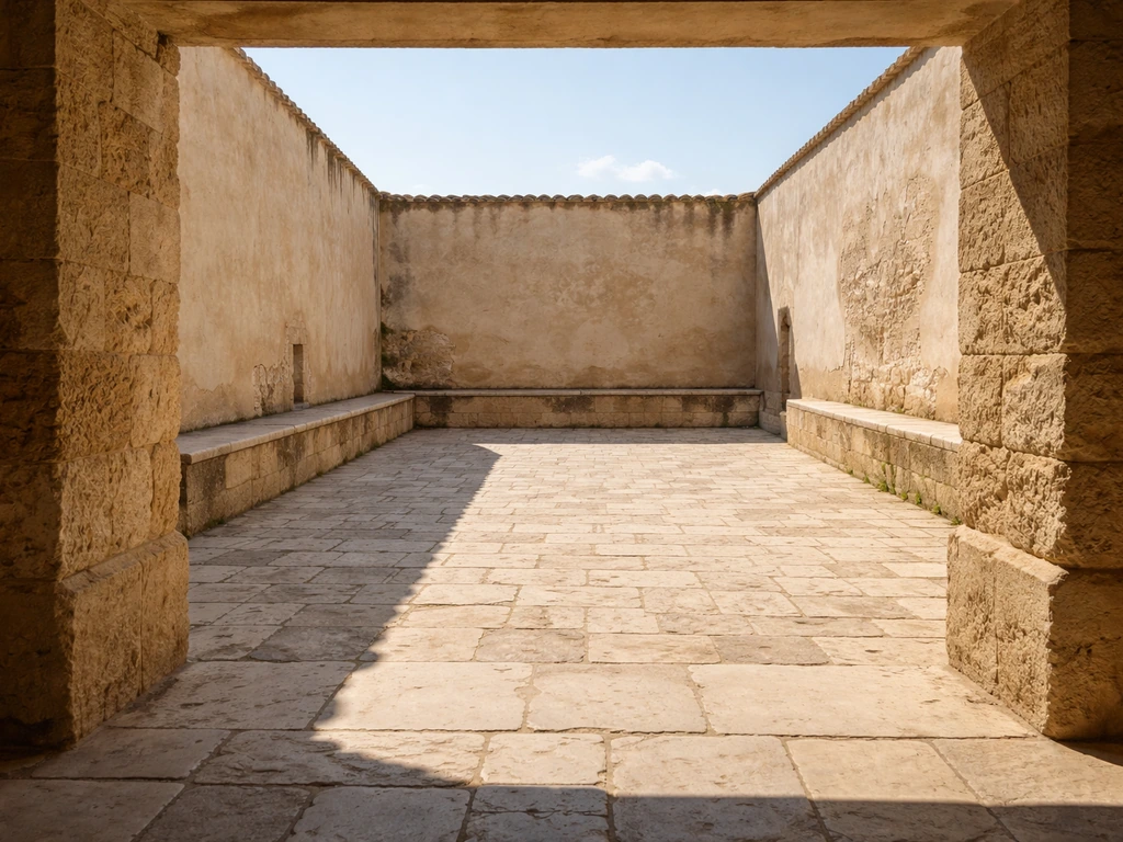 Sunlit stone courtyard with surrounding walls and open sky, evoking the original meaning of patio.