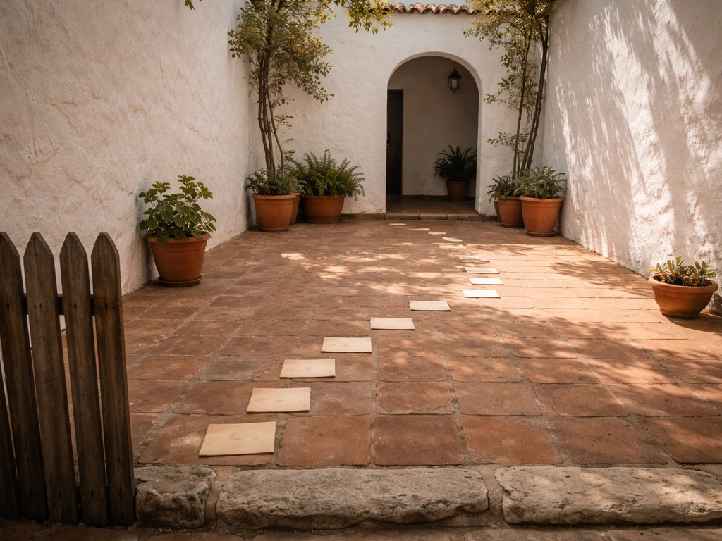 Quiet Spanish inner courtyard with terracotta tiles and blank parchment link cards on the ground