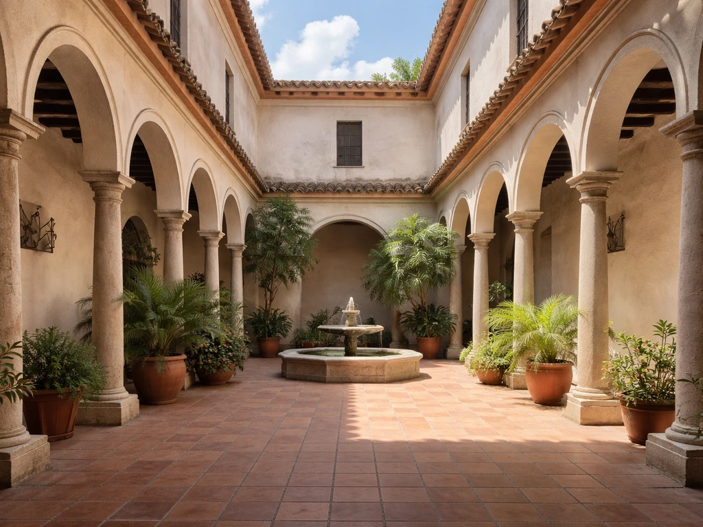 Sunlit Spanish-style inner courtyard with surrounding stucco walls open to the sky