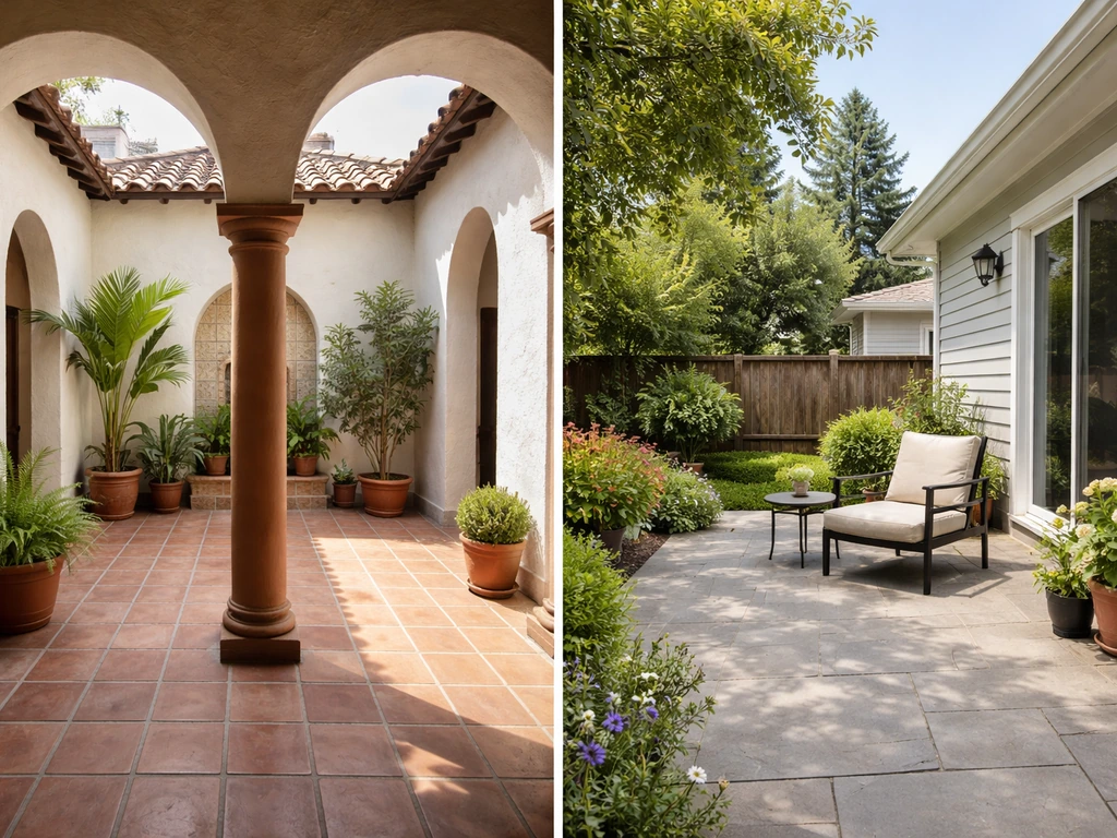 Split image: Spanish-style inner courtyard with arches, and a separate American outdoor paved patio by a home.