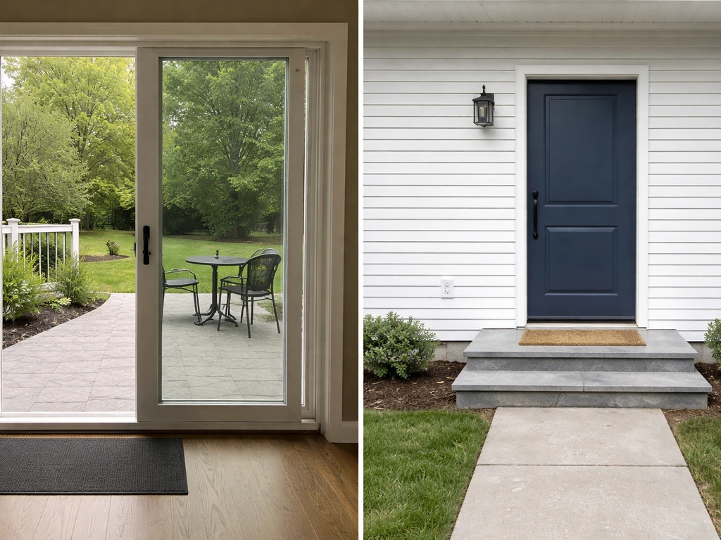 Back sliding door opens to a paved patio, while the front entry has no patio space beyond the steps.