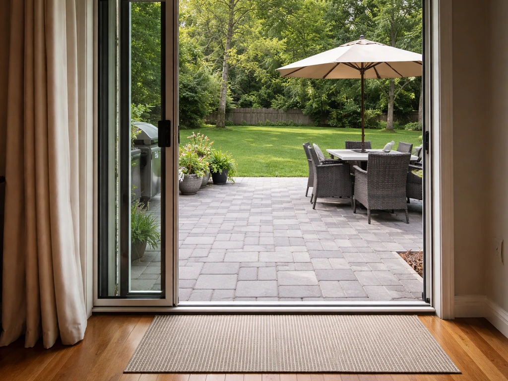 View from by a back sliding door showing a patio surface continuing outward from the house