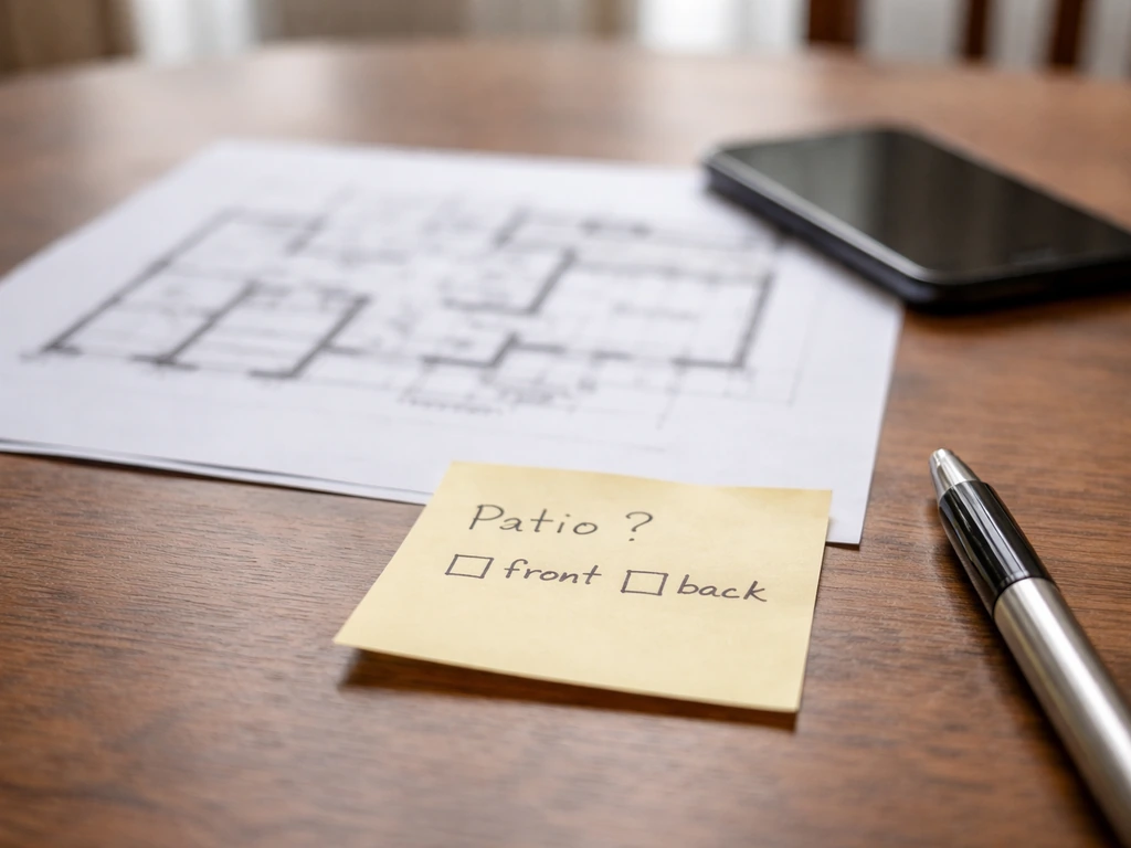 Close-up of a floor plan printout and sticky note on a table beside a smartphone and pen.